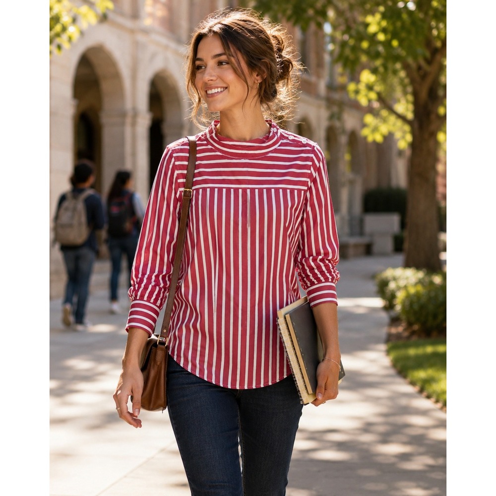 J.Crew Womens Red White Striped‎ Button Shoulder Mock Neck Cotton Blouse Size 4